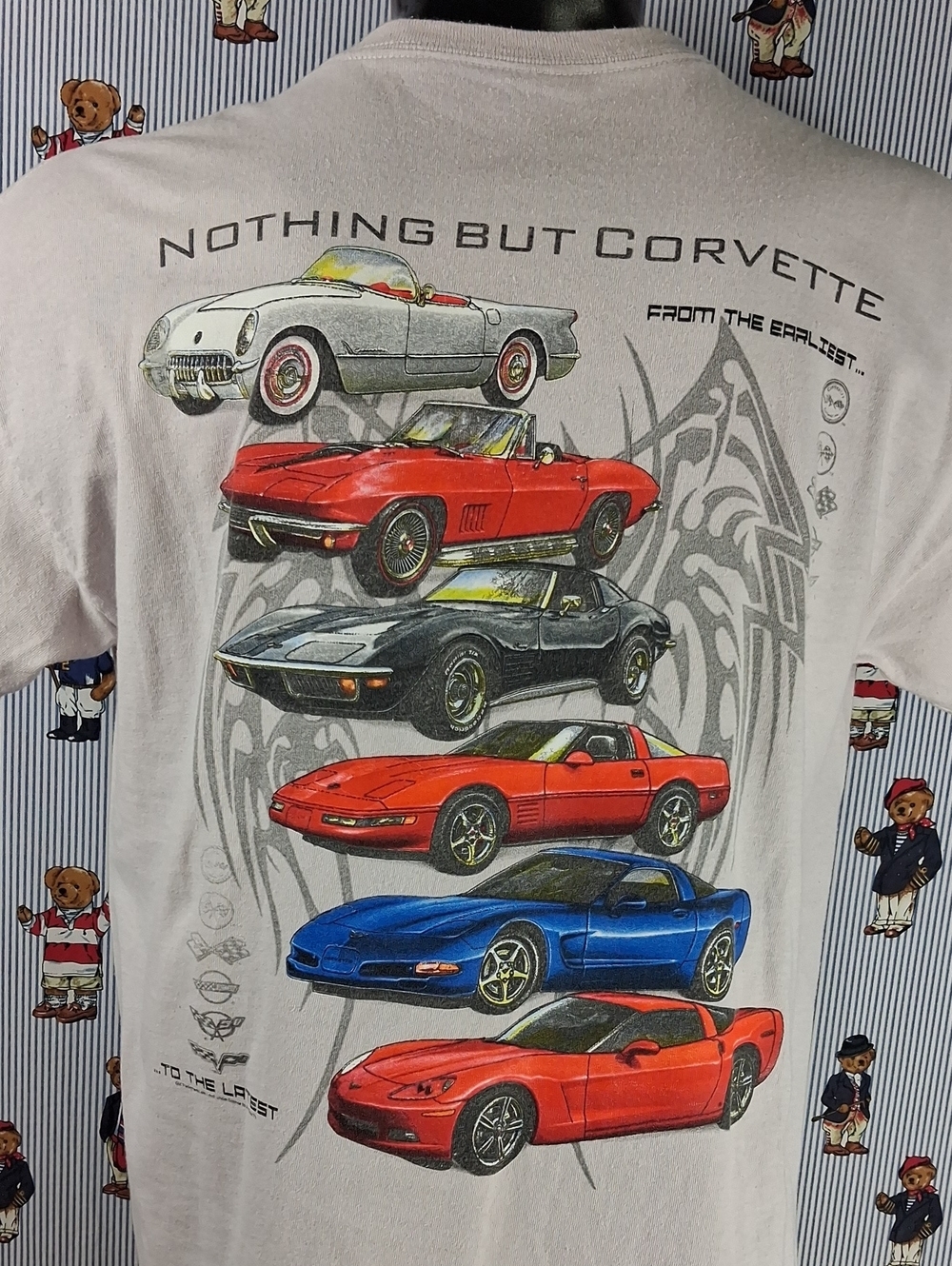 Y2k Chevy Corvette History Spell-out Tribal Back Car Graphic Lrg Gray Tshirt